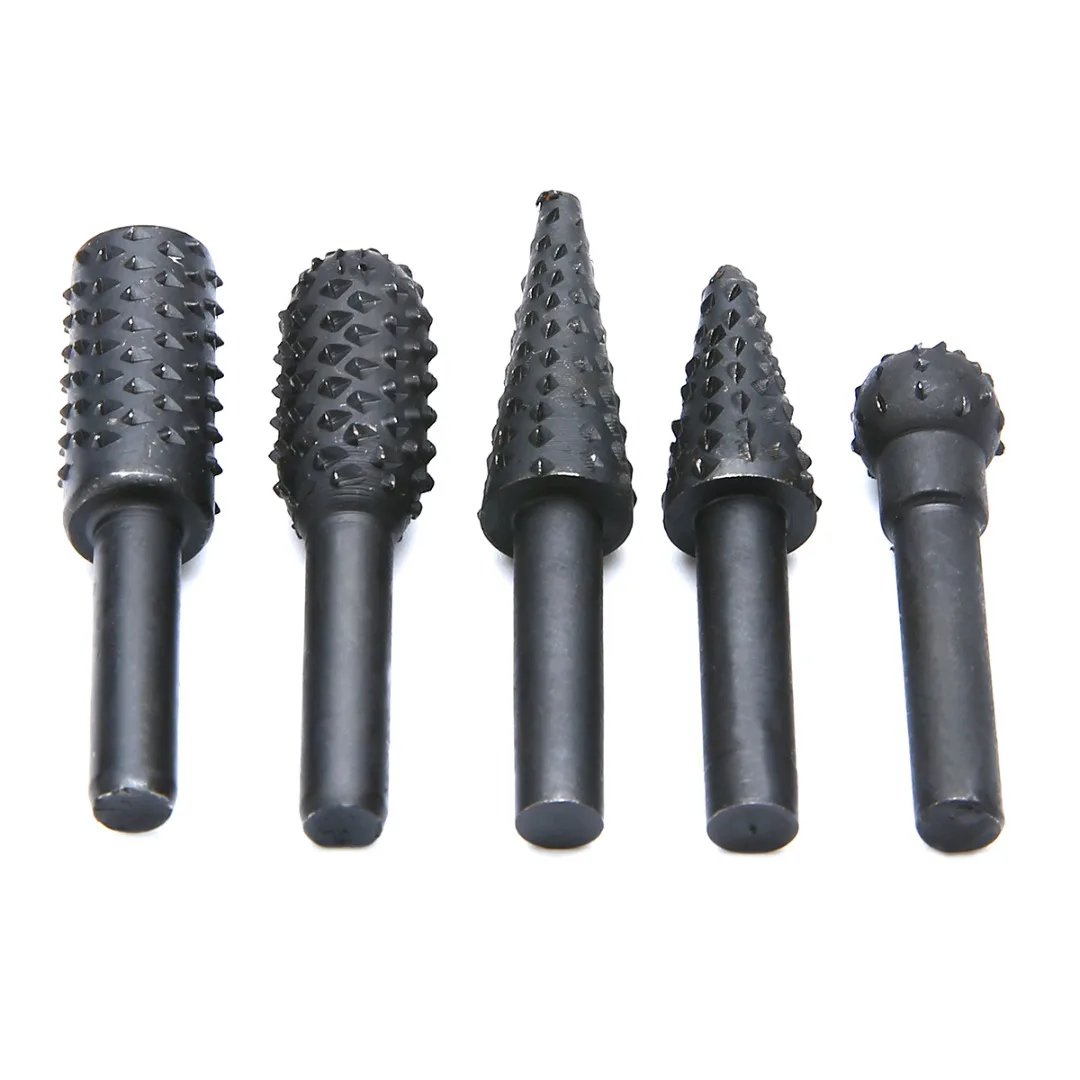 5pcs Rotary Rasp Set 1/4\`\` 6mm Shank Rotary Burr Set Wood Rasp File Drill Bits for Woodworking Carving Burrs