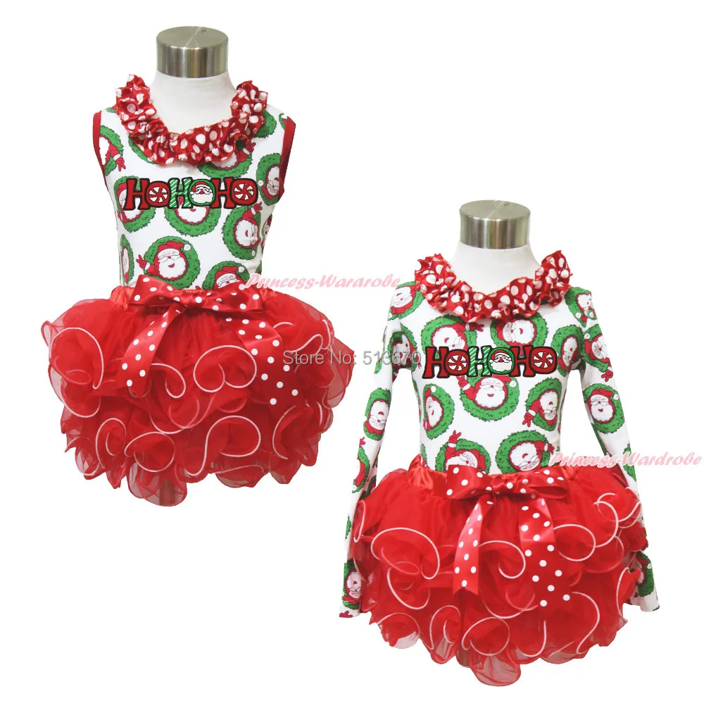 

XMAS HoHoHo Print Red White Dot Ruffle Lacing Santa Claus Top Baby Girl Red Petal Pettiskirt Outfit Set NB-8Y MAPSA0065