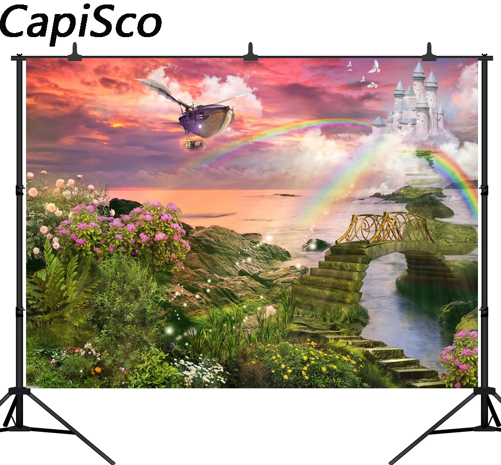 Capisco photography backdrop fairy tale castle Airship Rainbow birthday party photocall background photobooth photo prop shoots 
Capisco photography backdrop fairy tale castle Airship Rainbow birthday party photocall background photobooth photo prop shoots