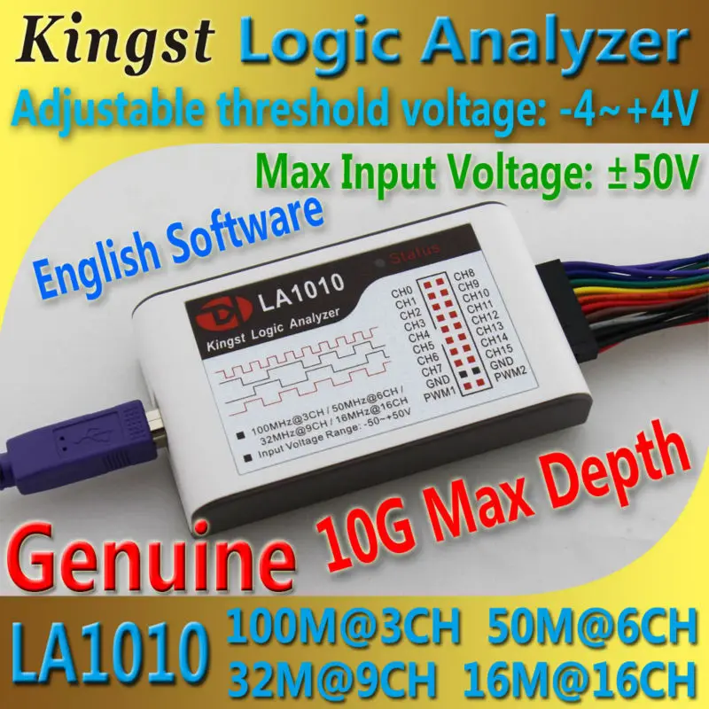

Kingst LA1010 USB Logic Analyzer 100M max sample rate,16Channels,10B samples, MCU,ARM,FPGA debug tool english software