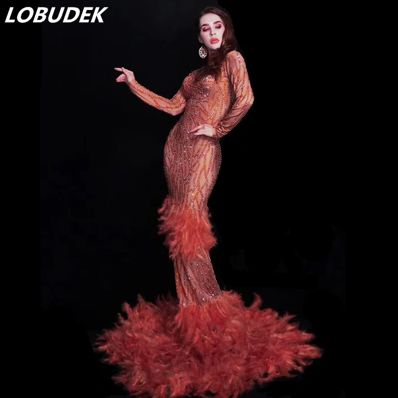 Sparkly Full Rhinestones Orange Feathers Long Dress Sexy Women Models Catwalk Mermaid Dress Host Evening Celebration Tail Dress
Sparkly Full Rhinestones Orange Feathers Long Dress Sexy Women Models Catwalk Mermaid Dress Host Evening Celebration Tail Dress