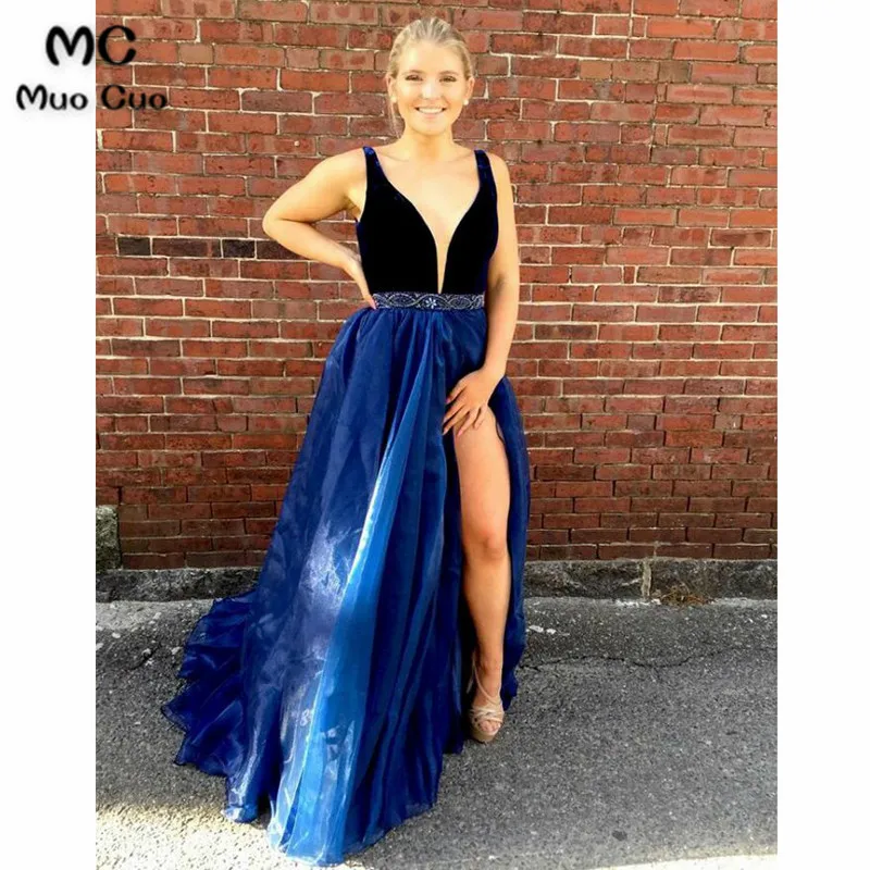 A-Line V-Neck Sweep Train Dark Blue Organza Prom Dress with Beading