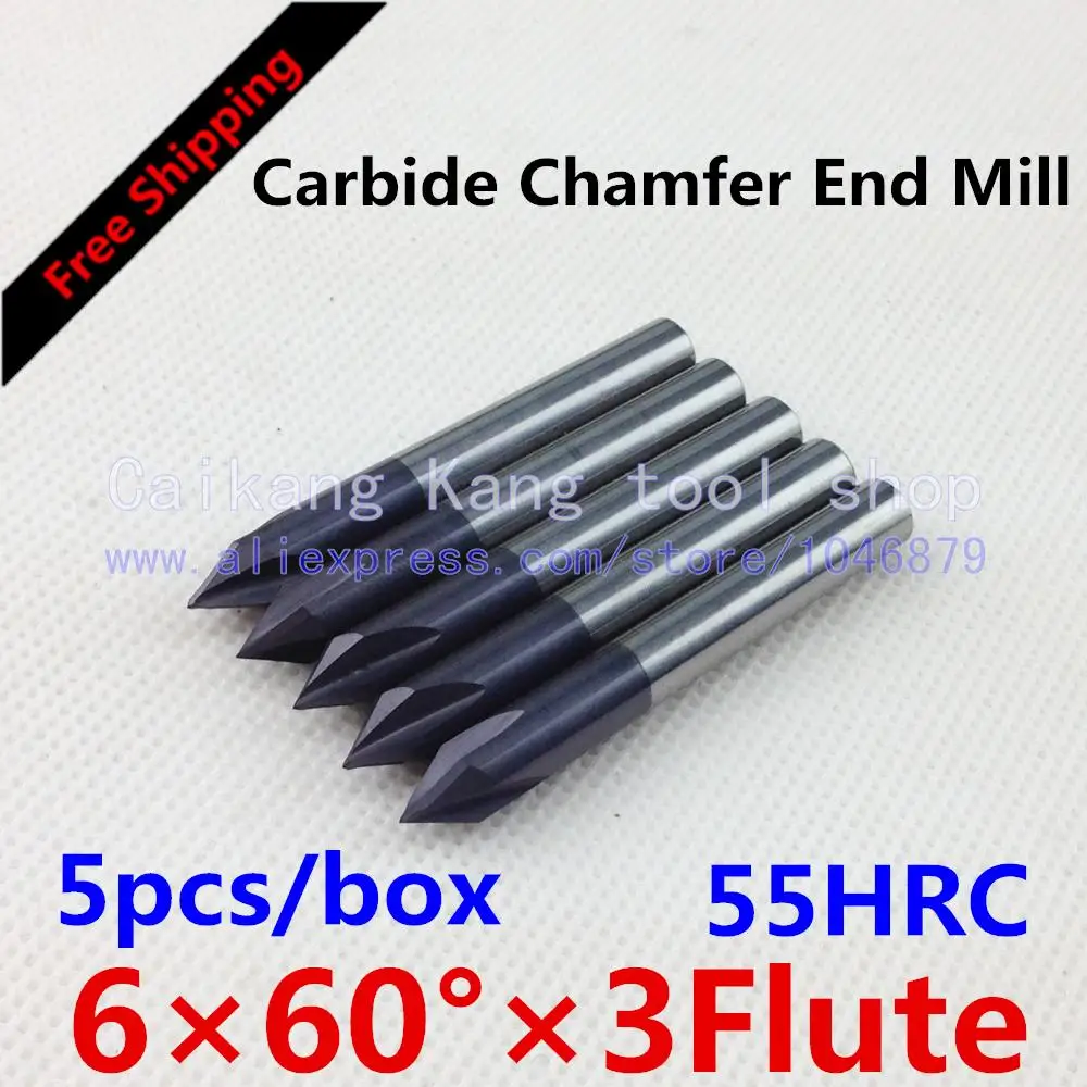 

Free shipping 5/box New 3 Flute 60 Angle Head:6mm CNC Carbide Chamfer End mills Highest cutting 55HRC-6*60 Angle