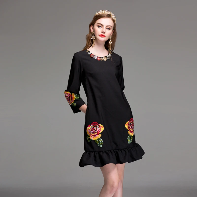 HIGH QUALITY New Fashion 2017 Designer Runway Dress Women's 3/4 Sleeve Rose Embroidery Loose | Женская одежда