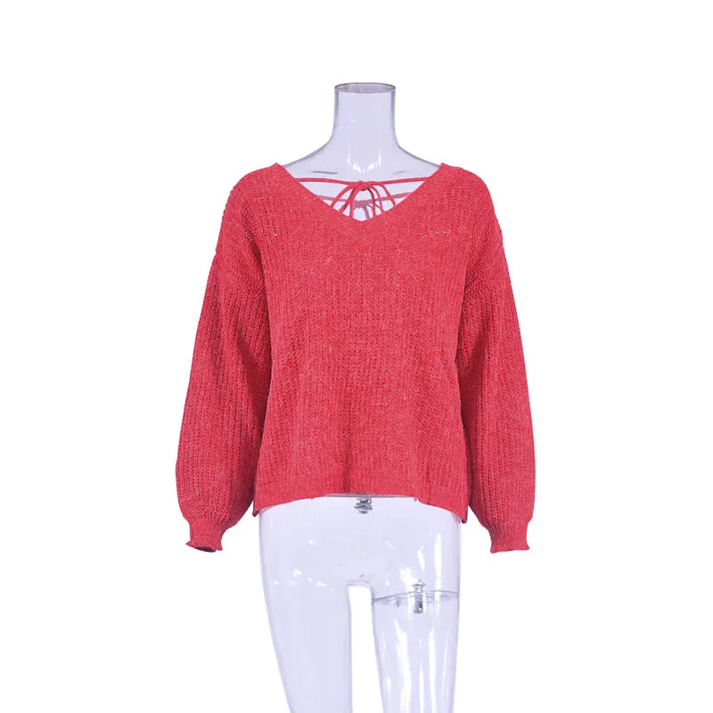 European and American Style Women's Cotton Sweater Sexy Backless V-Neck Pullover Long Sleeve Loose Knitted Femme Lace-up Sweater
European and American Style Women's Cotton Sweater Sexy Backless V-Neck Pullover Long Sleeve Loose Knitted Femme Lace-up Sweater