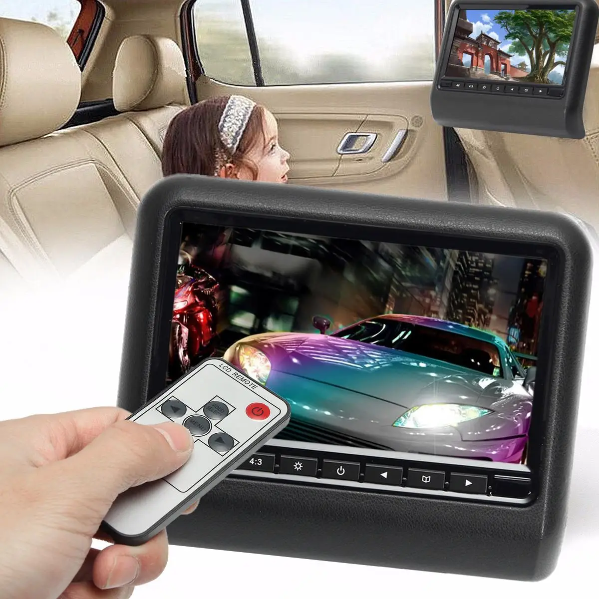 

DC 12V 5W 9 Inch Car Headrest Backseat Monitor DVD Video Player Display LCD Screen Mount PAL/NTSC Image Format 2 Way Video Input