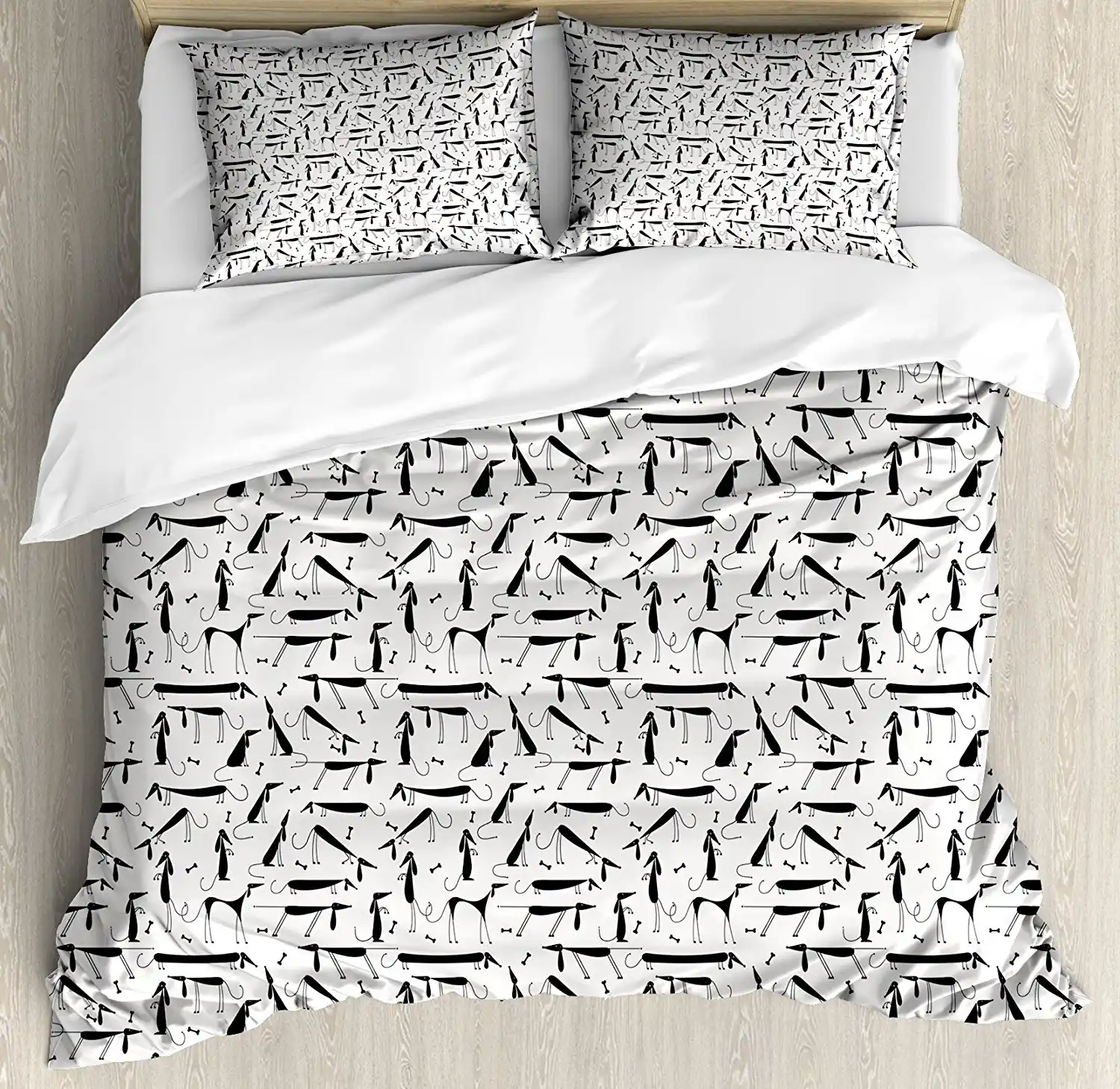 Dog Duvet Cover Set Dachshund Design Monochrome Animal Silhouette