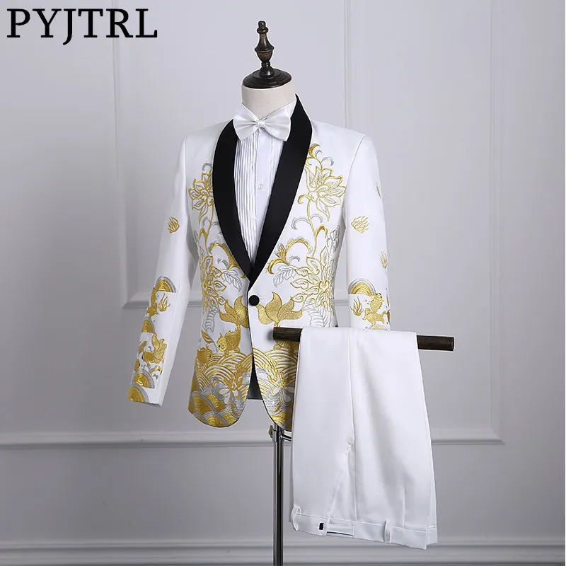PYJTRL 2018 Male Shawl Lapel White Black Red Embroidered Prom Dress Suits Stage Singer Costume Homme Mens Suits With Pants
PYJTRL 2018 Male Shawl Lapel White Black Red Embroidered Prom Dress Suits Stage Singer Costume Homme Mens Suits With Pants