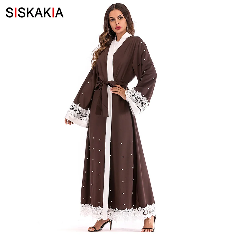 

Siskakia Fashion lace Contrast Color Patchwork Women Abaya Muslim Cardigan Robes Beading Dressing Gowns Dubai Jubah Kimono 2018