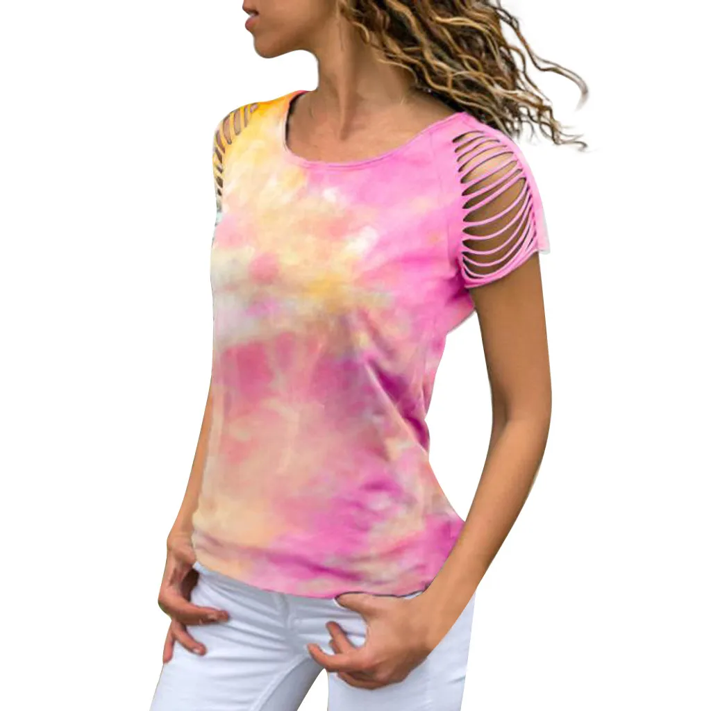 Women Shirts Cold Shoulder Tops Hollow Out T Shirt Tie Dye Fashion Tshirt Korean Clothes Tee Femme | Женская одежда
