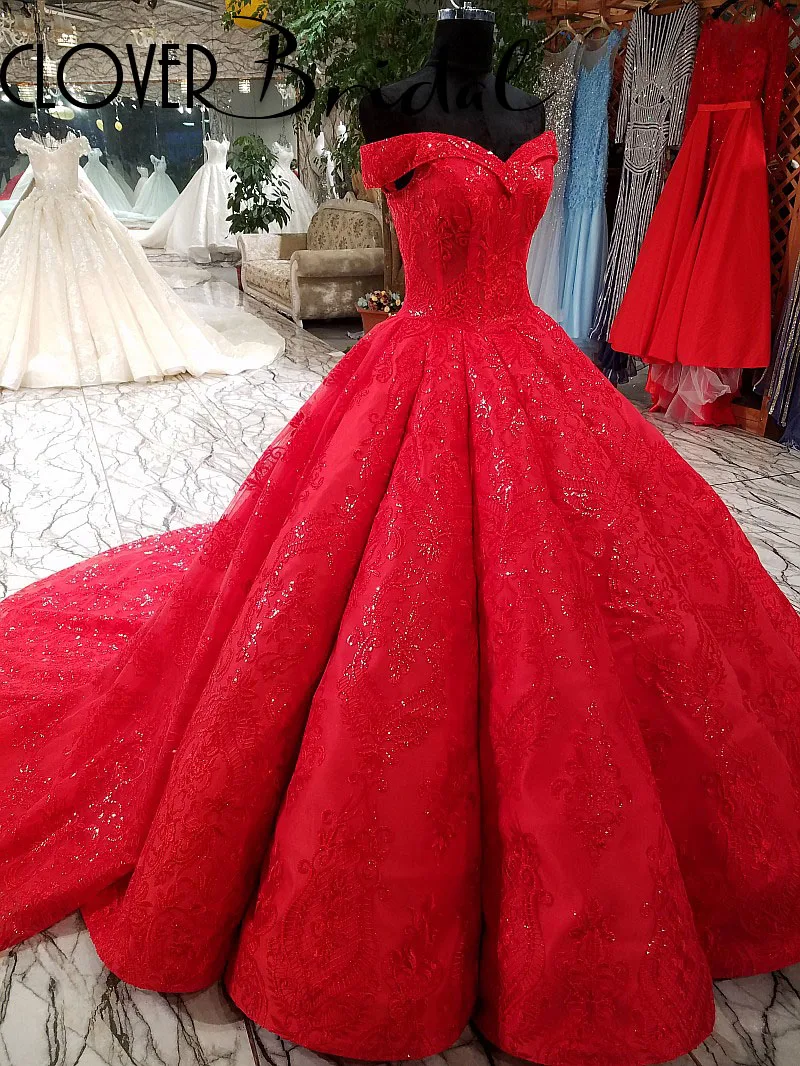 CloverBridal high quality 50cm train beaded lace appliques ruched off the shoulder shinning ball gown red wedding dress
CloverBridal high quality 50cm train beaded lace appliques ruched off the shoulder shinning ball gown red wedding dress
