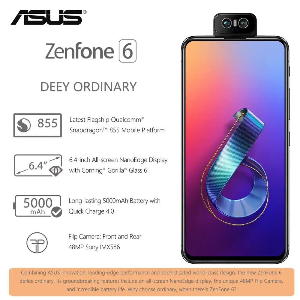 

Global Version ASUS Zenfone 6 ZS630KL 6GB RAM 64/128GB ROM 6.4" inch QC4.0+NFC 4G LTE Smartphone Face ID 5000mAh Android 9.1