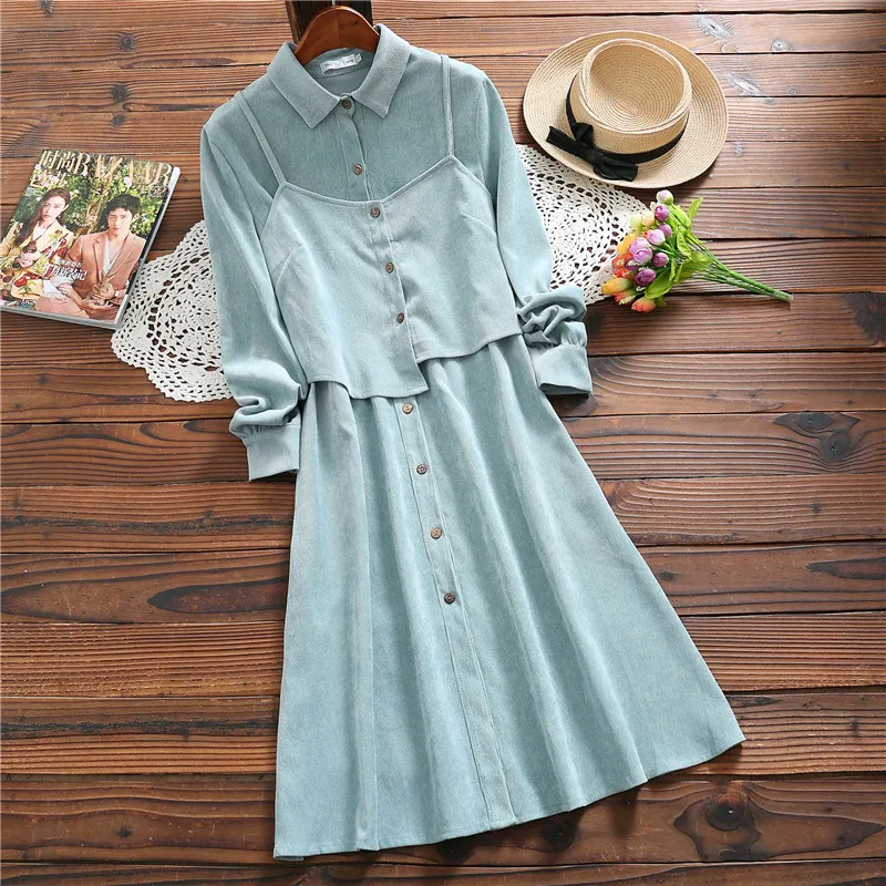 Korean Spring Autumn Women Sweet Cute Shirt Dress Turn-Down Collar Blue Pink 2 Piece Dress Elegant Corduroy Girl Dress With Vest
Korean Spring Autumn Women Sweet Cute Shirt Dress Turn-Down Collar Blue Pink 2 Piece Dress Elegant Corduroy Girl Dress With Vest
