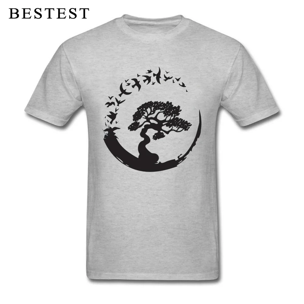 Printing Men Prevalent Normal Tees Round Collar Father Day All Cotton T-Shirt Leisure Short Sleeve T Shirts Wholesale Bonsai Tree in Enso Circle Birds 20227 grey