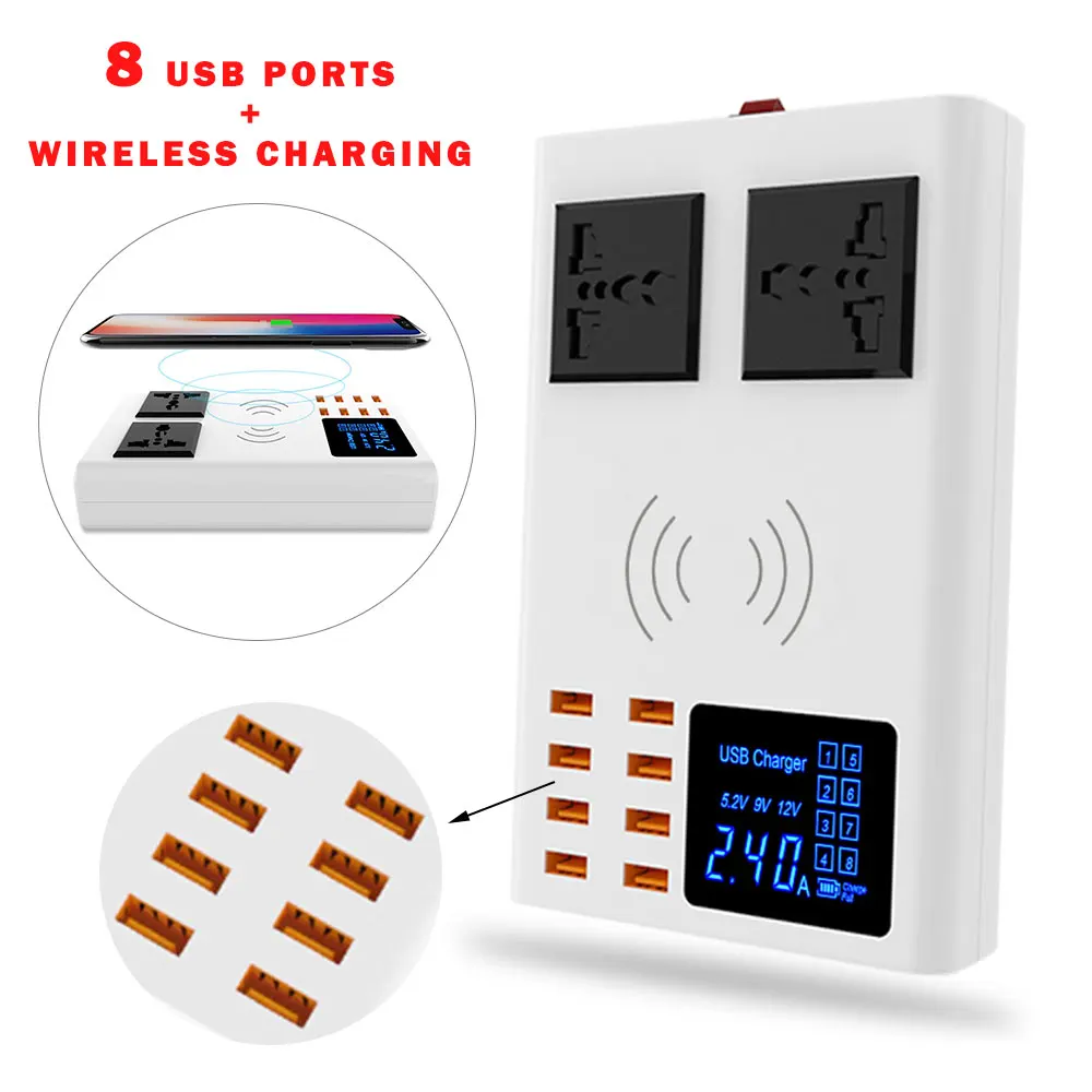 8USB+Dual AC Universal Charger+10W Qi Wireless Charger for iPhone X Xs XR 8 Samsung S8 S9 Digital display Fast Charging Adapter
8USB+Dual AC Universal Charger+10W Qi Wireless Charger for iPhone X Xs XR 8 Samsung S8 S9 Digital display Fast Charging Adapter