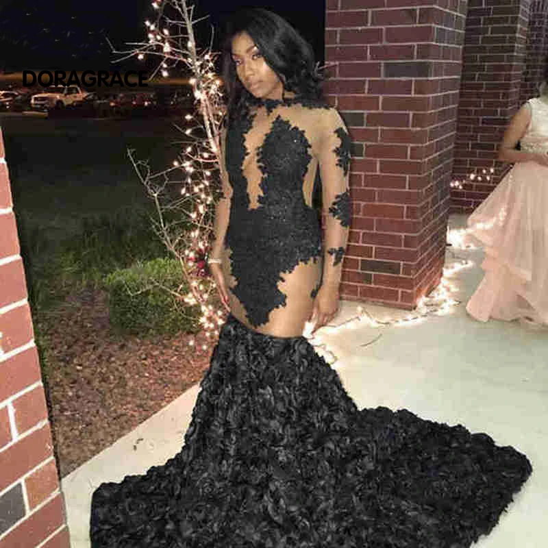 Doragrace Sexy African Black Girls Mermaid Prom Dresses Black Lace Long Sleeves Handmade Flowers Evening Party Gowns 
Doragrace Sexy African Black Girls Mermaid Prom Dresses Black Lace Long Sleeves Handmade Flowers Evening Party Gowns
