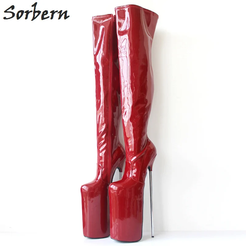 Sorbern Shiny Pu 20Cm Chunky Heeled High Heels Thick Platform Knee High Boots For Womens Shoes And Boots Round Toe Custom Colors