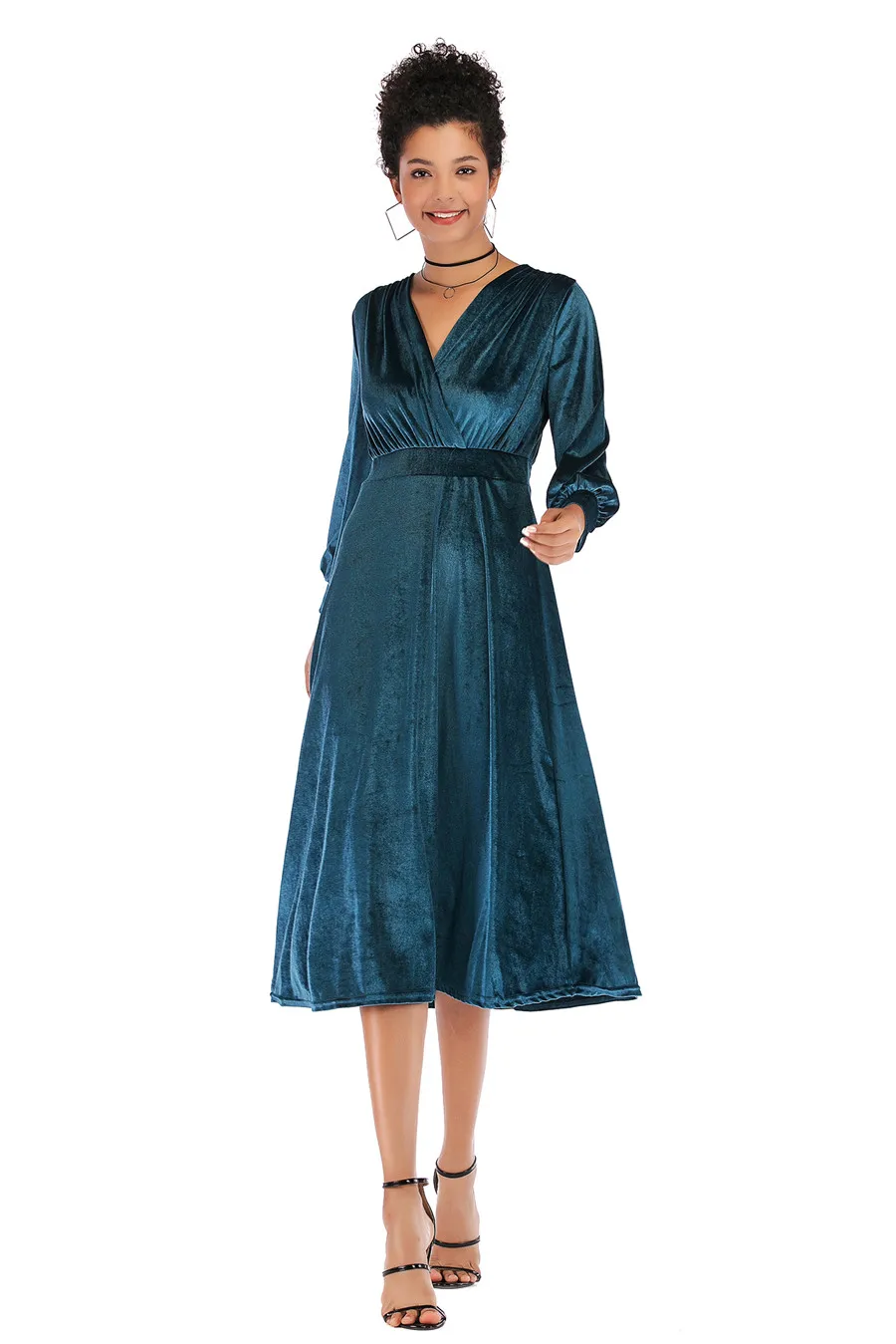 Gladiolus 2018 Autumn Winter Dress Women Long Sleeve V-Neck Tunic Swing Midi Sexy Gold Velvet Dress Women Evening Party Dresses (18)
