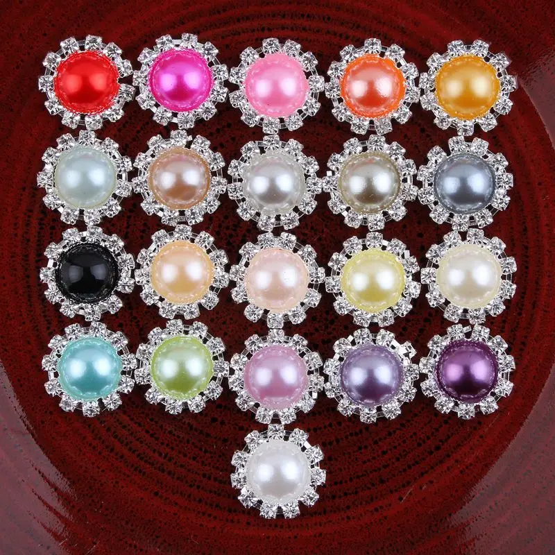 

30pcs/lot 21colors Bling Round Decorative Flatback Crystal Pearl Buttons Metal Rhinestone Buttons for Hair Accessories/Ornamets