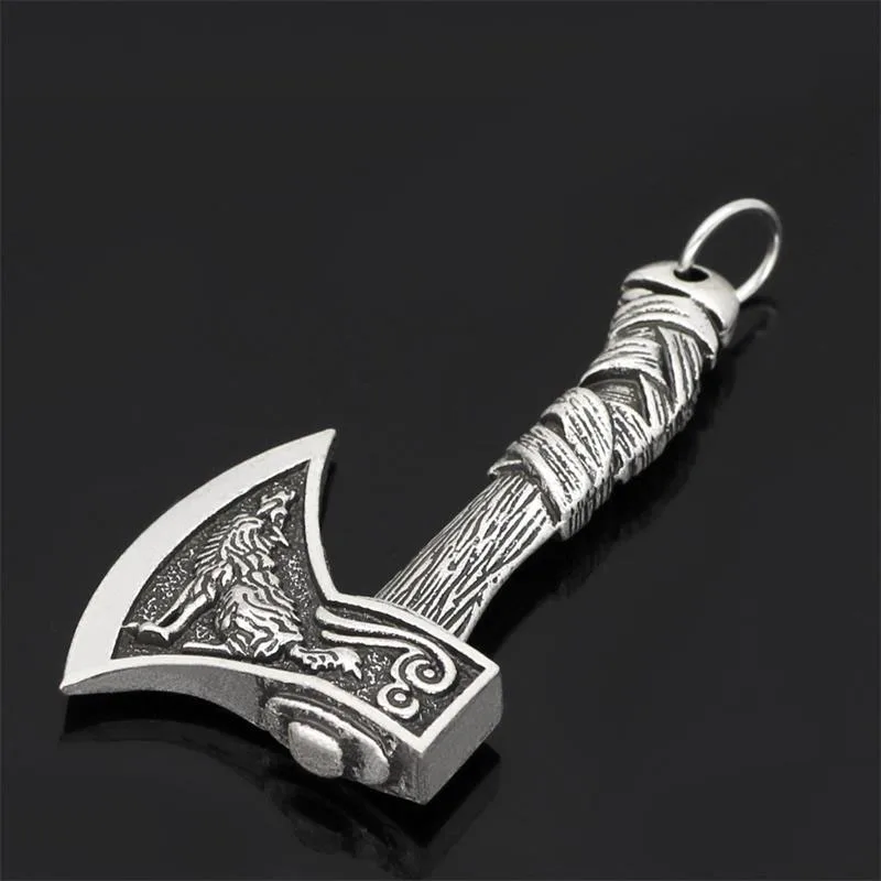 

Nordic Viking Handle Axe Pendant Necklace Wolf Raven Double-sided Rune Silver Ancient Bronze Axe Necklace