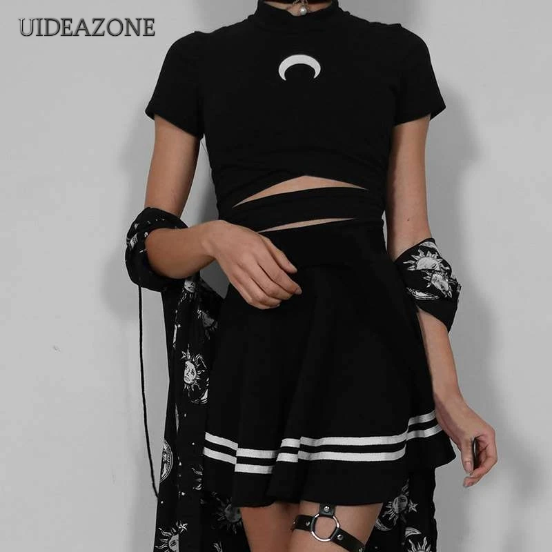 Halloween Gothic Printed Women 2Pcs Set Hollow out O-Neck Moon Printed T Shirt and Striped Mini Skirt Goth Two Pieces Set Suits 
Halloween Gothic Printed Women 2Pcs Set Hollow out O-Neck Moon Printed T Shirt and Striped Mini Skirt Goth Two Pieces Set Suits