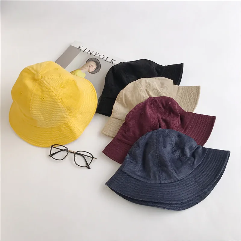 

2018 Candy Color Corduroy Fisherman Dome Hat Korean Style Leisure Cap Yellow Male And Female Students Sun Hat Bucket Hat