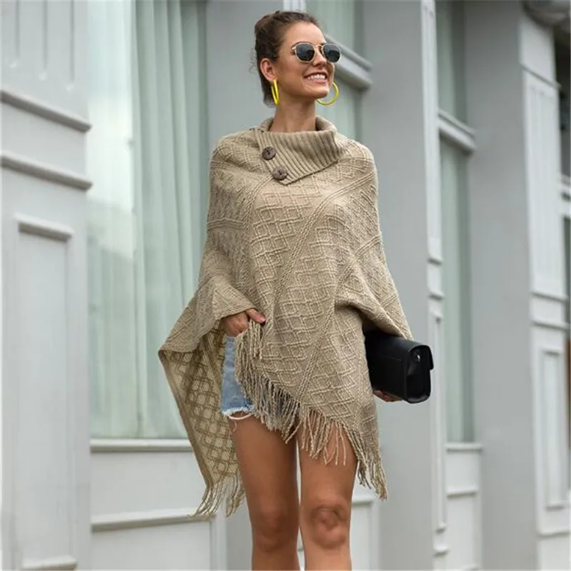 

WKOUD Women Solid Khaki Cloak Sweater 2019 Fashion Winter Irregularity Knitted Pullovers New Sexy Jumper Tassel Knitwear Y8188