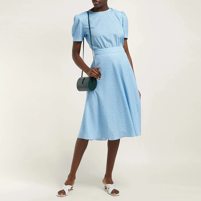 Vintage office ladies Summer Dress O Neck Short Sleeve women dress Button Dot Blue Slim Hight Waist midi dress robe femme
Vintage office ladies Summer Dress O Neck Short Sleeve women dress Button Dot Blue Slim Hight Waist midi dress robe femme
