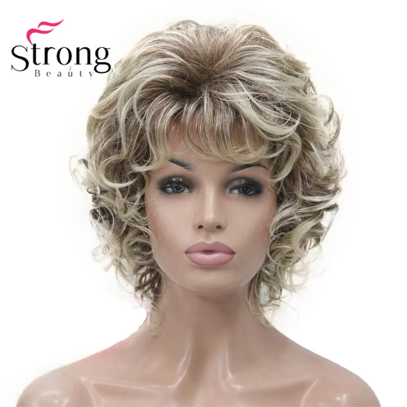 

StrongBeauty Short Wig Soft Tousled Curls Blonde Highlights Full Synthetic Wigs COLOUR CHOICES