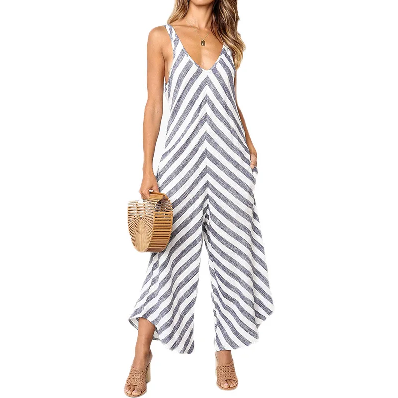 Jumpsuits Women Rompers Striped Summer Sexy Deep V Neck Light Gray Sleeveless Casual Wide Leg Pant Jumpsuit Overalls Playsuit
Jumpsuits Women Rompers Striped Summer Sexy Deep V Neck Light Gray Sleeveless Casual Wide Leg Pant Jumpsuit Overalls Playsuit