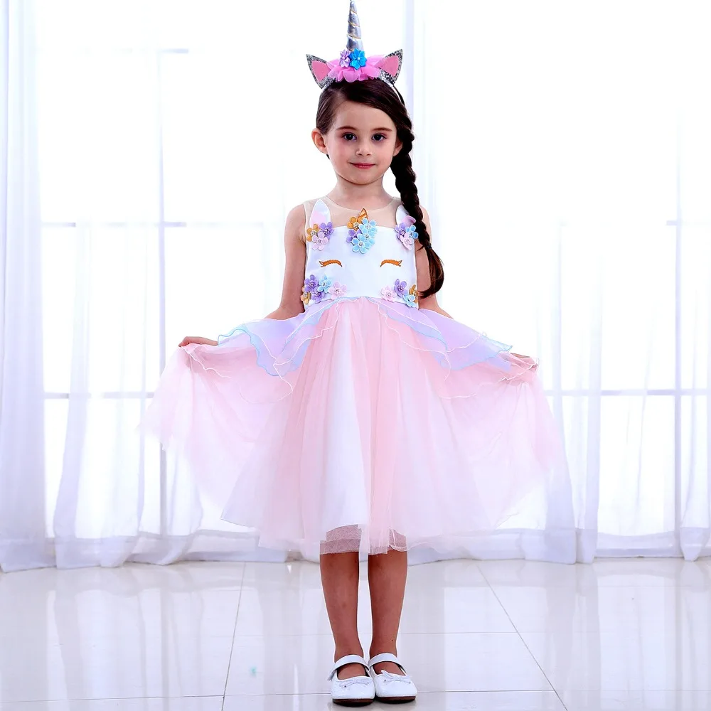 Фото Нарядное платье для девочек с единорогом Вечерние платья-пачки радугой