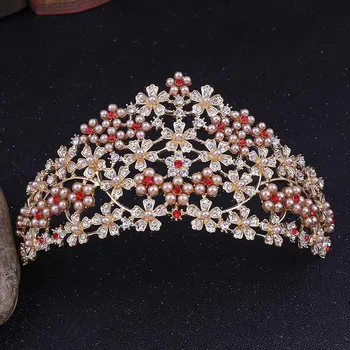 

FORSEVEN Luxury Gold Pearl Women Tiaras Crowns Hair Jewelry Crystal Flower Diadem Headpiece Wedding Bridal Hair Accessories JL