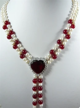 women Fashion Jewelry 2 rows 7-8MM White Genuine Freshwater Pearl red gem bead+ heart -shaped red gem pendant necklace 18inche
women Fashion Jewelry 2 rows 7-8MM White Genuine Freshwater Pearl red gem bead+ heart -shaped red gem pendant necklace 18inche