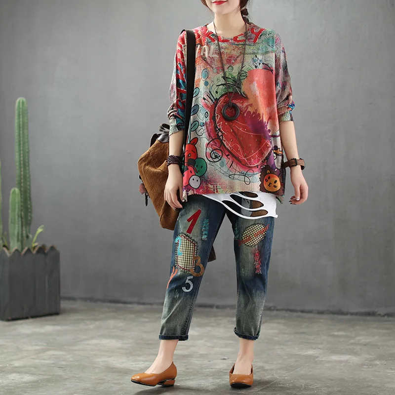 Autumn Sweaters Spring Women Retro Printed Loose O-Neck Collar Full Sleeve Ddropped Shoulder Female Painted Thin Sweaters Tide
Autumn Sweaters Spring Women Retro Printed Loose O-Neck Collar Full Sleeve Ddropped Shoulder Female Painted Thin Sweaters Tide