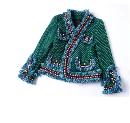Image 2017 New Luxury Fashion Runway Green Tweed Jacket Fringed Trim Long flared sleeves front pockets with pearls detail