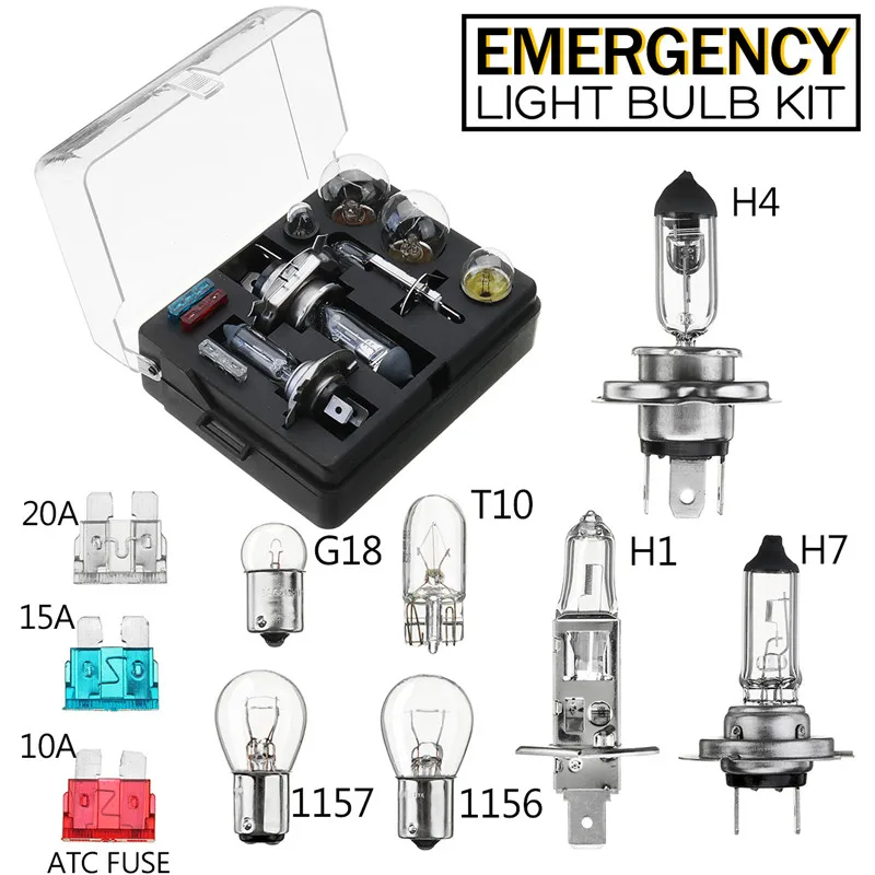 1Set/10Pcs Emergency Spare Light Bulb kit H7 H4 H1 T10 G18 Fog Lamp Headlight Trun Signa Light Halogen bulb with Fuse 
1Set/10Pcs Emergency Spare Light Bulb kit H7 H4 H1 T10 G18 Fog Lamp Headlight Trun Signa Light Halogen bulb with Fuse
