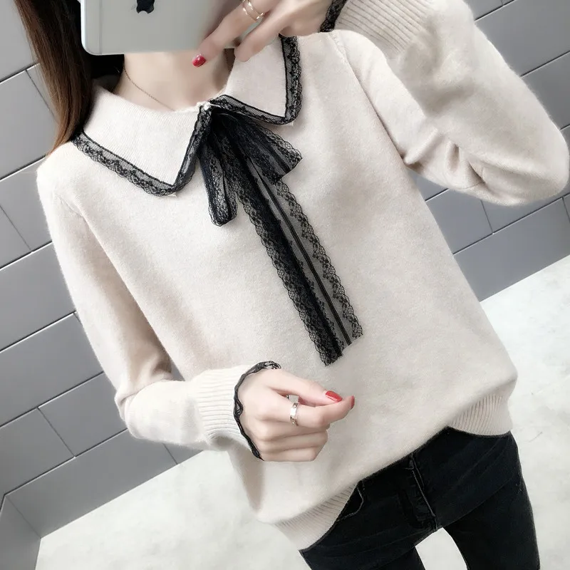 Autumn Winter Women Knitted Pullovers Tie Bow Lace Patchwork Sweater Female Casual Long Sleeve Bottom Knitwear Short Tops AB1564
Autumn Winter Women Knitted Pullovers Tie Bow Lace Patchwork Sweater Female Casual Long Sleeve Bottom Knitwear Short Tops AB1564