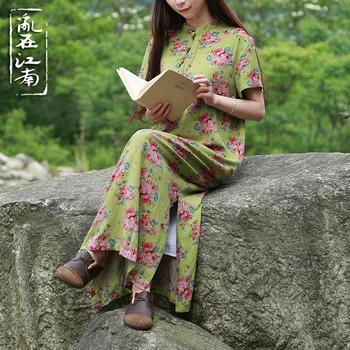 Summer folk style cotton linen print dress robe slanting lapel cheongsam vestidos 2 colors
Summer folk style cotton linen print dress robe slanting lapel cheongsam vestidos 2 colors