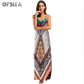 

Opslea Traditional Tribal Print Side Slit Maxi Dress African Ethnic Pattern Dashiki 2019 Sexy Backless African Clothes For Women