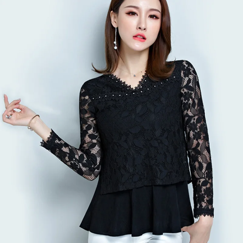 Black Color Lady Lace Blouses Plus Size M-3XL Diamonds Decor A-Line Style Women Chiffon Patchwork Shirts
Black Color Lady Lace Blouses Plus Size M-3XL Diamonds Decor A-Line Style Women Chiffon Patchwork Shirts