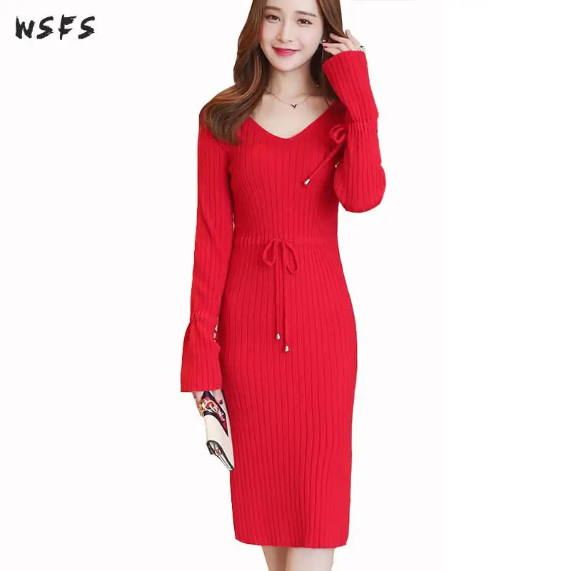 Autumn Winter Sweater Dress Black Coffee Red White Long Flare Sleeve Womens Dresses Bodycon Sexy Ladies Wrap Midi Pencil | Женская