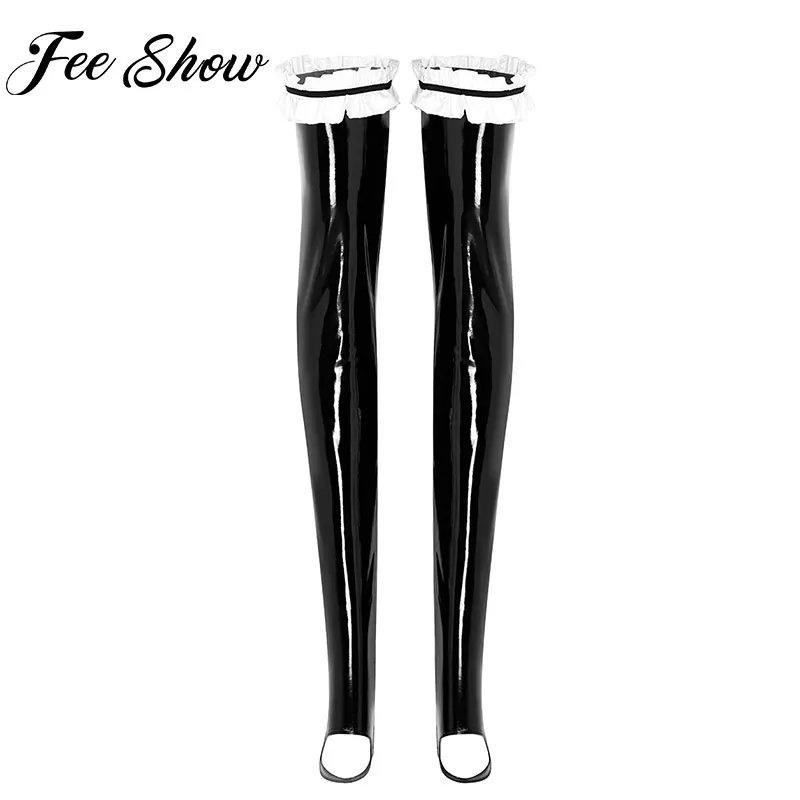 Women Sexy Black Women Lingerie Patent Leather Latex Stockings Thigh High Stay Up Ruffled Lace Stockings
Women Sexy Black Women Lingerie Patent Leather Latex Stockings Thigh High Stay Up Ruffled Lace Stockings
