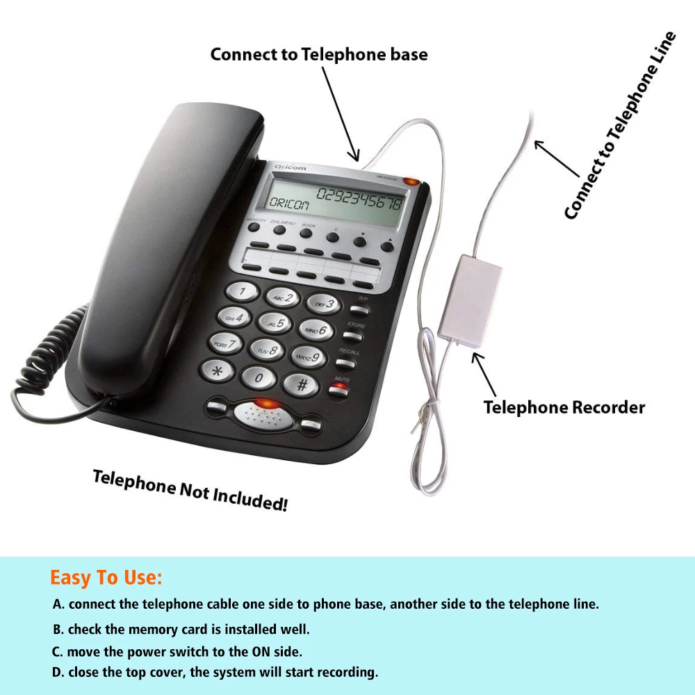 

Telephone Call Recorder Micro SD Card Record Voice Without Computer Date And Time Stamp On Recorded File Recording Device