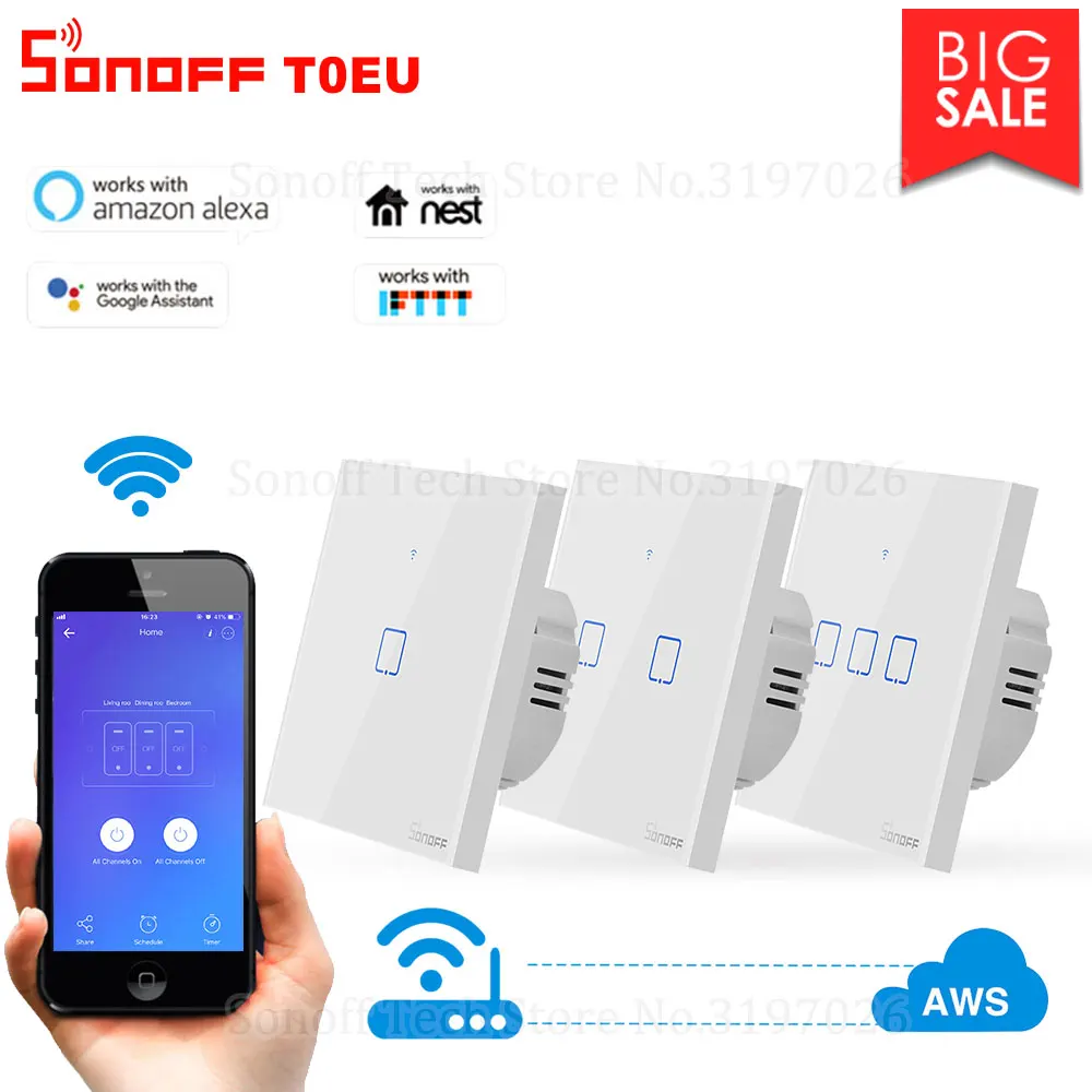 

Itead Sonoff T0EU 86 1/2/3 gang TX Series Wall Touch Wifi Switch Remote Control Smart Home Switch Works With Alexa Google Home