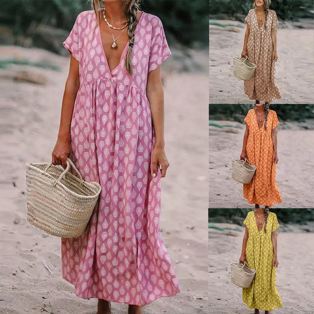 Women Dress Print Short Sleeve V-Neck Casual Ankle-Length Soft Beach Dress Summer Long Maxi Dress Ladies Vestidos Plus Size 40#
Women Dress Print Short Sleeve V-Neck Casual Ankle-Length Soft Beach Dress Summer Long Maxi Dress Ladies Vestidos Plus Size 40#