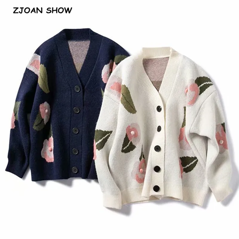 2019 BF style 3D Ball flower V neck Loose Cardigan Vintage Woman Long sleeve Knit Knitwear Oversize Jumper Ivory Black |