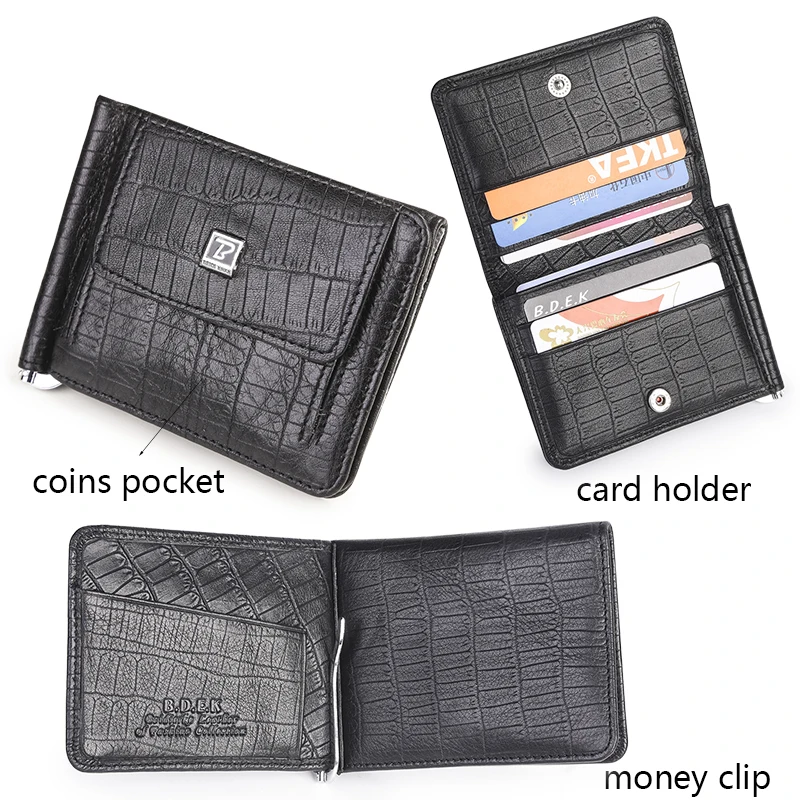 Image Black Cowhide Genuine Leather Money Clip w  Coin pocket Business Credit Card Holders Small Slim Wallet Men billeteras Portfel