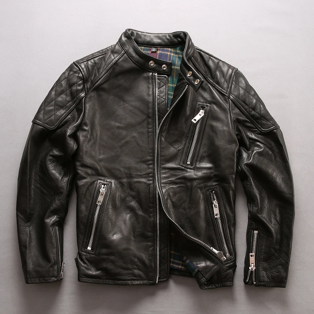 

2018 fashion cowskin biker jacket men slim fit mortorcycle style genuine leather jacket men black real leather coat