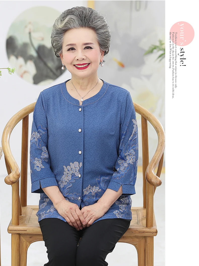 Grandma Mother Shirts Red Blue Green Flower Pattern Print Tops Women Round Collar Three Quarter Sleeve Blouses Button Front Shirt Woman Top (14)