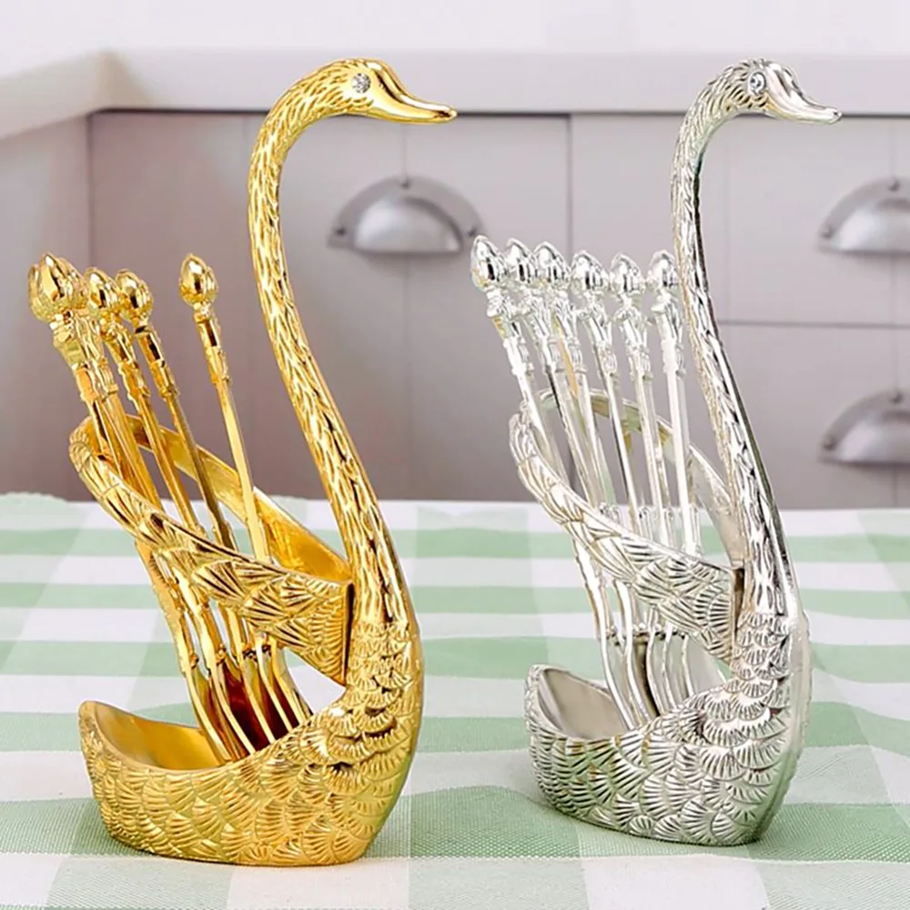 

Stainless Steel Swan Base Holder with 3 Dessert Forks Coffee Spoons Set Salad Dessert Forks Spoon Coffee Cake Tools Tableware